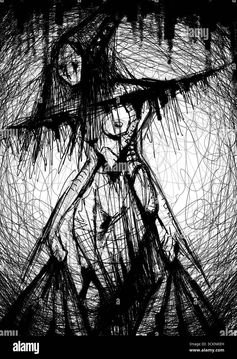 Figura scura e allungata con un cappello appuntito, inglobata in un vortice di linee caotiche e inquietanti. Foto Stock