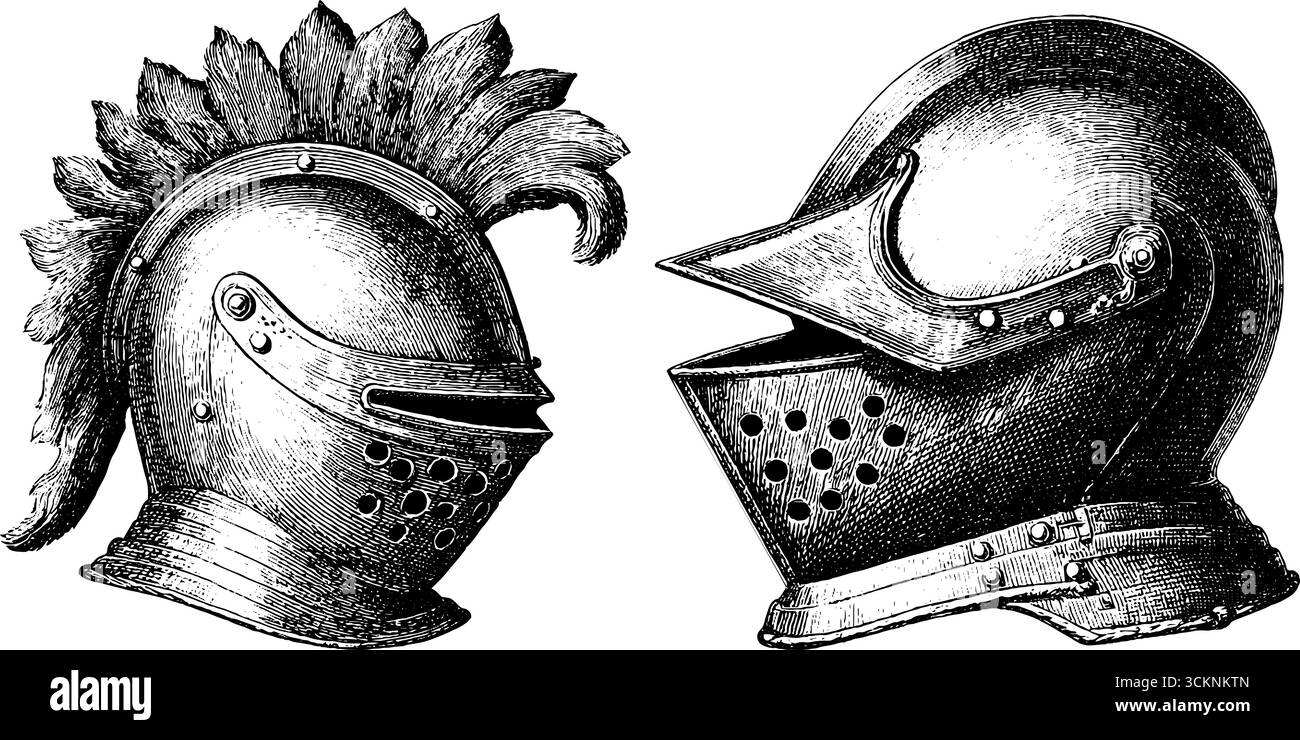 Intricati caschi in ferro gotico con incisioni per opere d'arte e design storici. Illustrazione Vettoriale