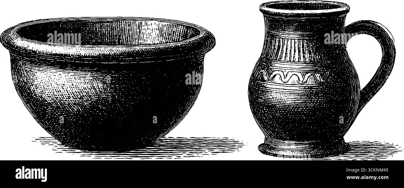 Serie di illustrazioni incise di antichi manufatti in terracotta indiana. Illustrazione Vettoriale