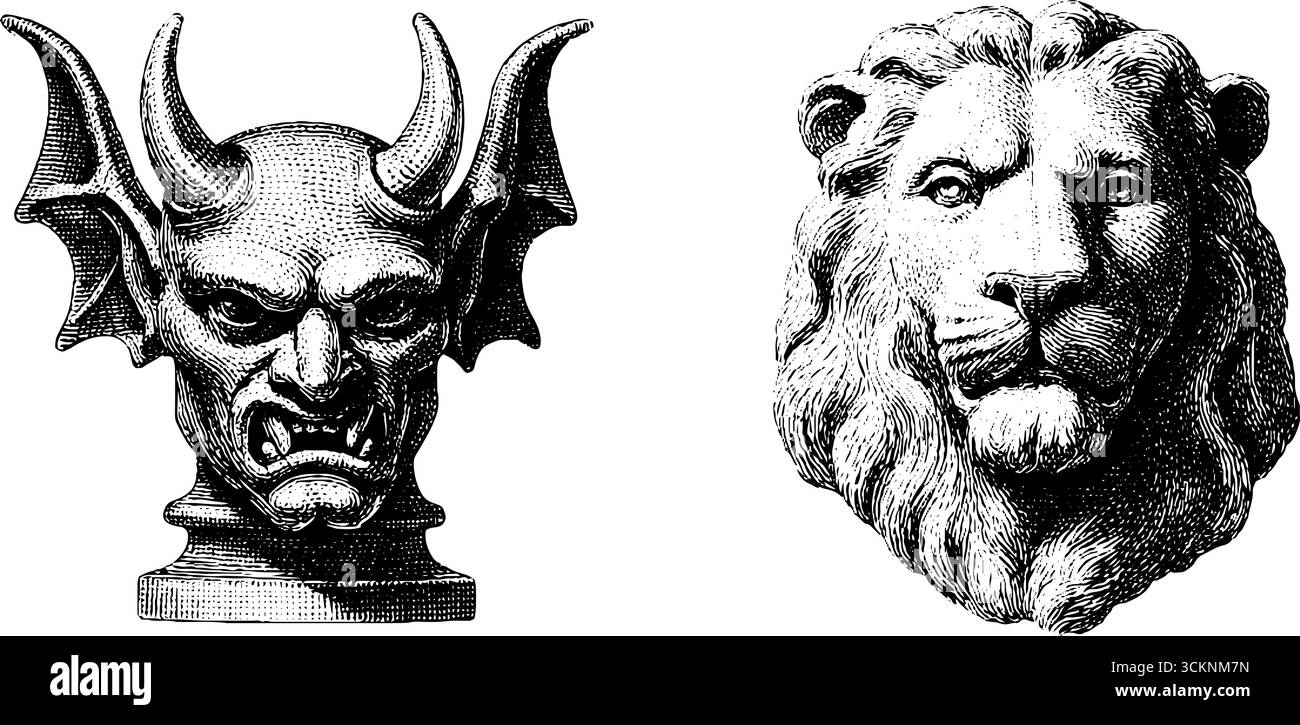 Intricate illustrazioni incise di gargoyle gotico e statue di leoni per il design artistico. Illustrazione Vettoriale