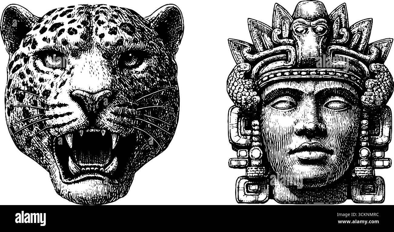giaguaro mesoamericano e incisione guerriera ambientata per un design culturale e storico. Illustrazione Vettoriale
