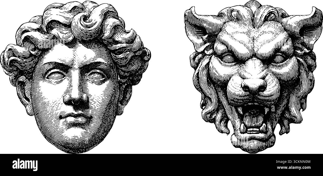 Cavaliere medievale e leone mitico con incisioni per opere d'arte storiche. Illustrazione Vettoriale