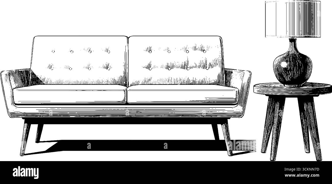 Mobili moderni della metà del secolo, incisioni: Divani, lampade e elementi di design del tavolo. Illustrazione Vettoriale
