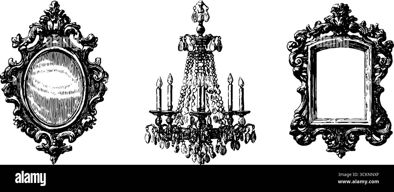 Eleganti illustrazioni incise di specchi e lampadari in stile queen anne per un design classico. Illustrazione Vettoriale