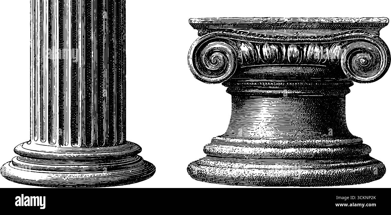 Colonne doriche classiche incise per disegni architettonici storici. Illustrazione Vettoriale