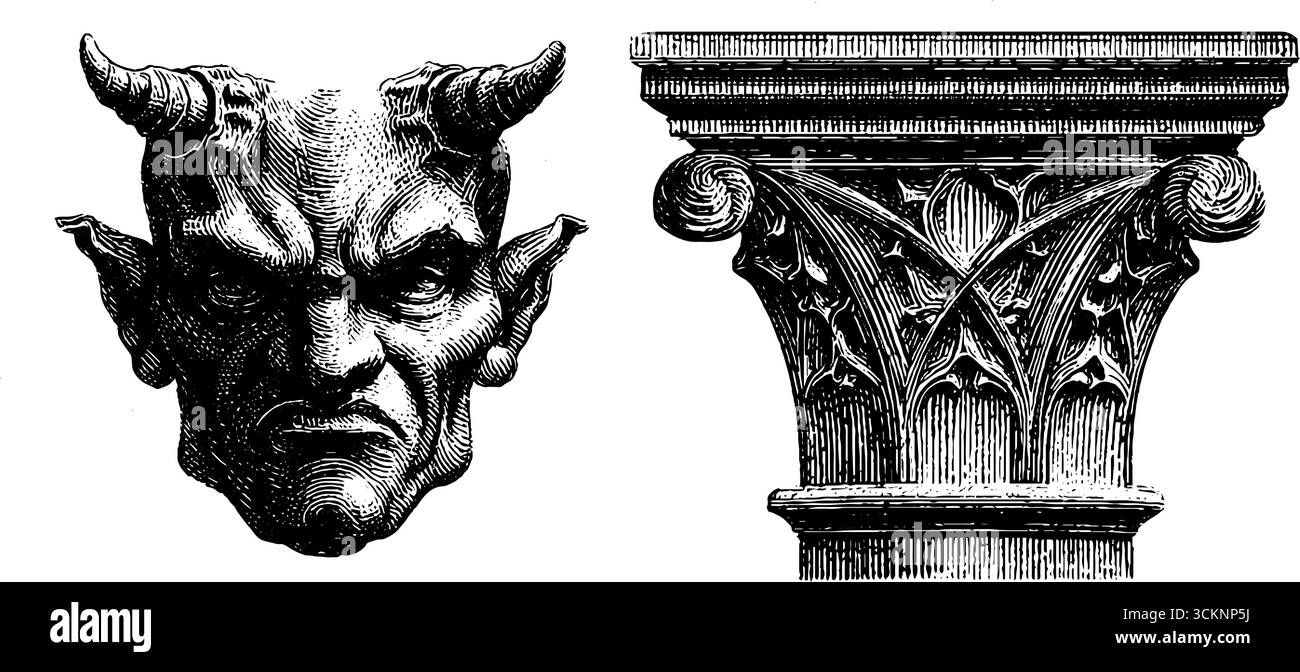 Frammento decorativo ad arco gotico e incisione in gargoyle per un design decorativo. Illustrazione Vettoriale