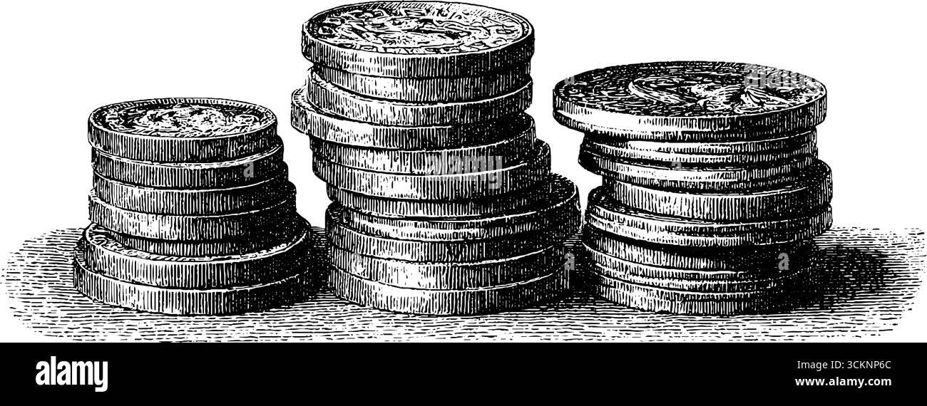 Illustrazione incisa di una serie di pile di monete romane con disegno dettagliato. Illustrazione Vettoriale