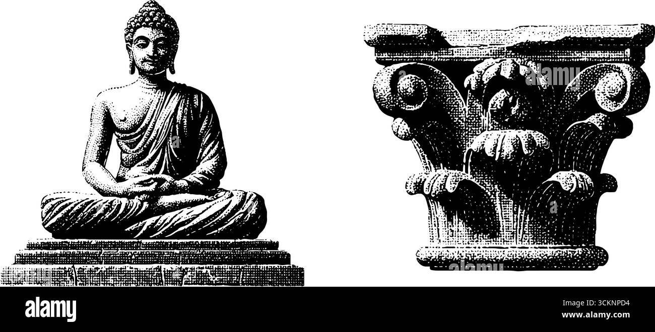 Stupa greco indo e incisioni di buddha per l'arte e il design storici. Illustrazione Vettoriale