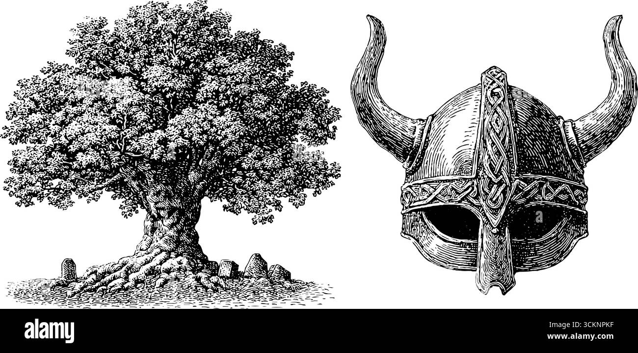 Intricata arte mitologica norrena con incisione sull'albero yggdrasil e sull'elmetto vichingo. Illustrazione Vettoriale