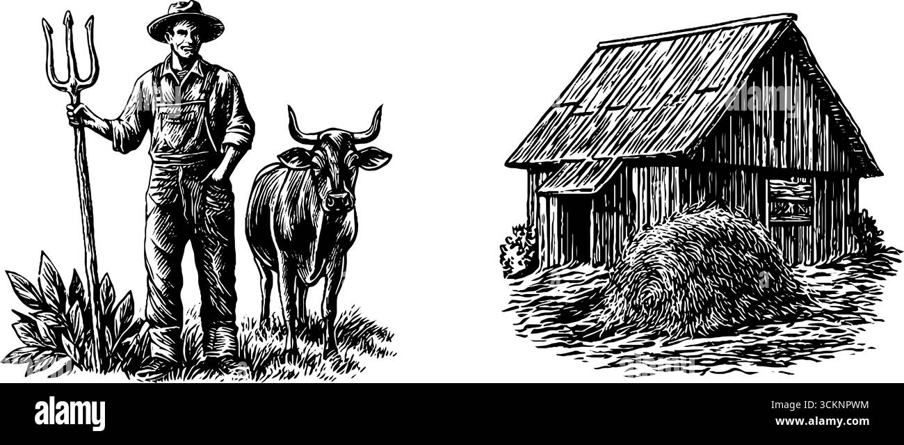 Scena agricola d'epoca con contadino, forcone, mucca e fienile per un design rustico. Illustrazione Vettoriale