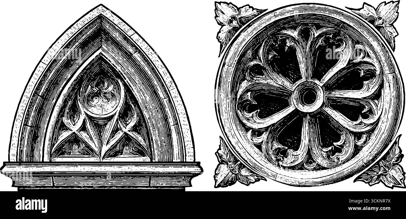 Set illustrativo con incisione a finestra in stile gotico per design e decorazioni architettoniche. Illustrazione Vettoriale