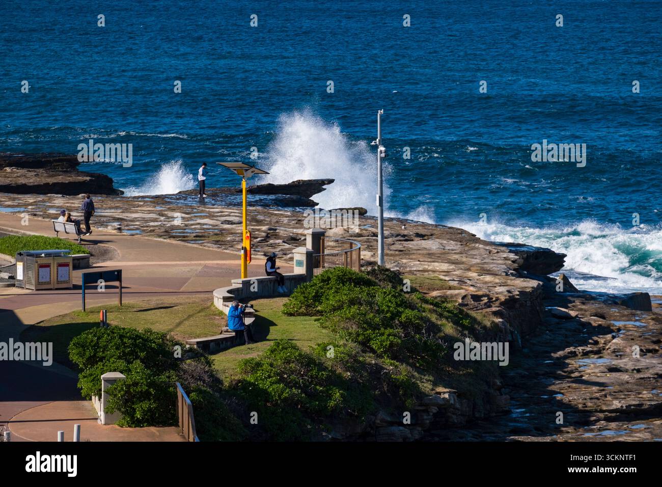 Vista panoramica sulla costa con un passaggio pedonale e persone che si godono le onde dell'Oceano Pacifico contro la costa rocciosa in una giornata di sole, Clovelly, Sydney, New Sout Foto Stock