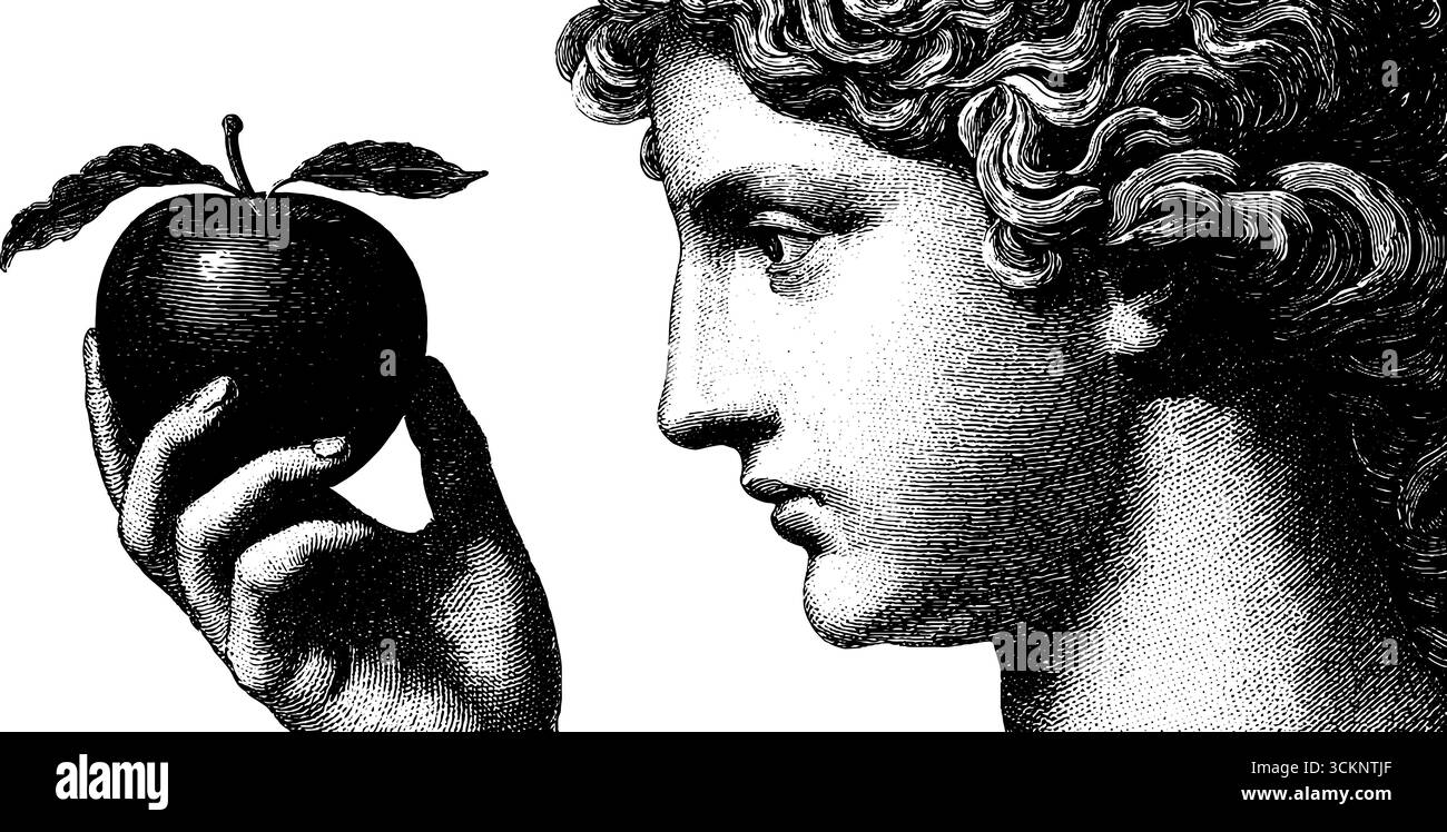 Rappresentazione mitologica di Ere che tiene la mela dorata della discordia in stile inciso. Illustrazione Vettoriale