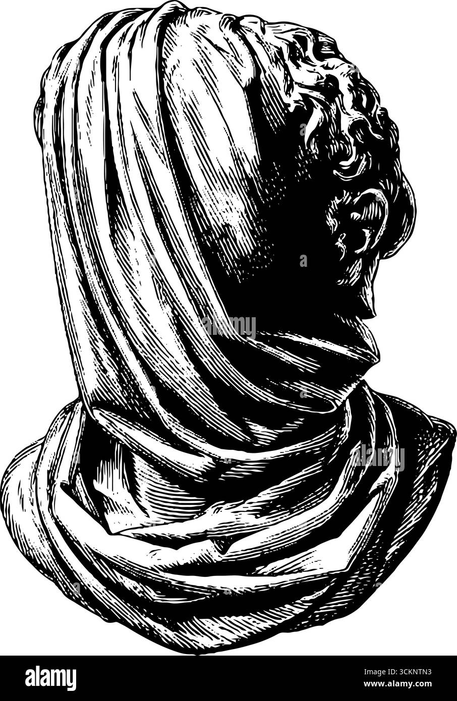 Illustrazione incisa di una statua senza testa drappeggiata per il design artistico e lo studio storico. Illustrazione Vettoriale