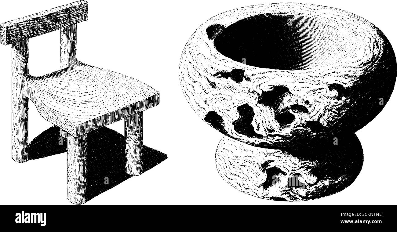 Illustrazione artistica incisa di sedia da pranzo scultorea e design decorativo della ciotola. Illustrazione Vettoriale