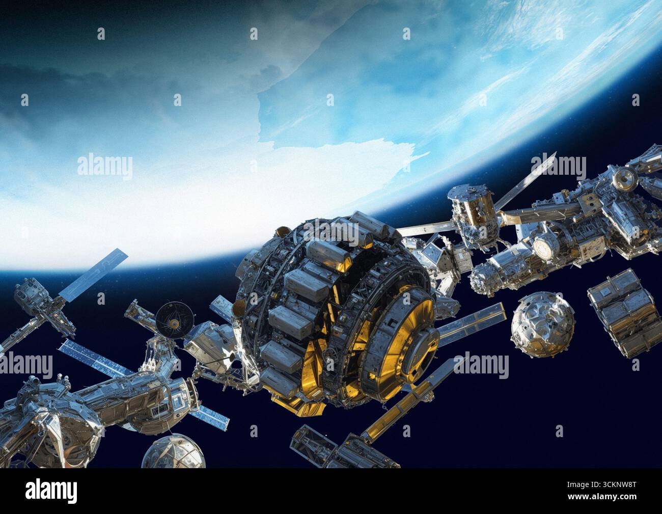 Illustrazione della spazzatura spaziale nell'orbita terrestre. Questa è la regione dello spazio entro 2.000 chilometri dalla superficie terrestre. È l'area più concentrata per i detriti orbitali. I detriti sono costituiti da decine di migliaia di oggetti creati dall'uomo lasciati dalle numerose missioni spaziali svolte dagli anni '1950 Alcuni dei detriti possono essere pericolosi se si scontrano con veicoli spaziali o con astronauti durante le passeggiate spaziali. Foto Stock