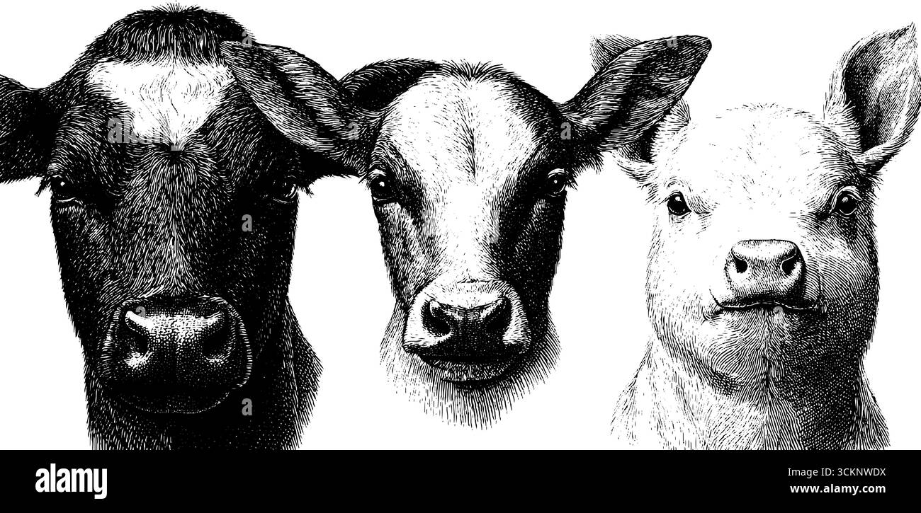 Ritratti di animali incisi: Illustrazioni di vitello e agnello per progetti di design. Illustrazione Vettoriale