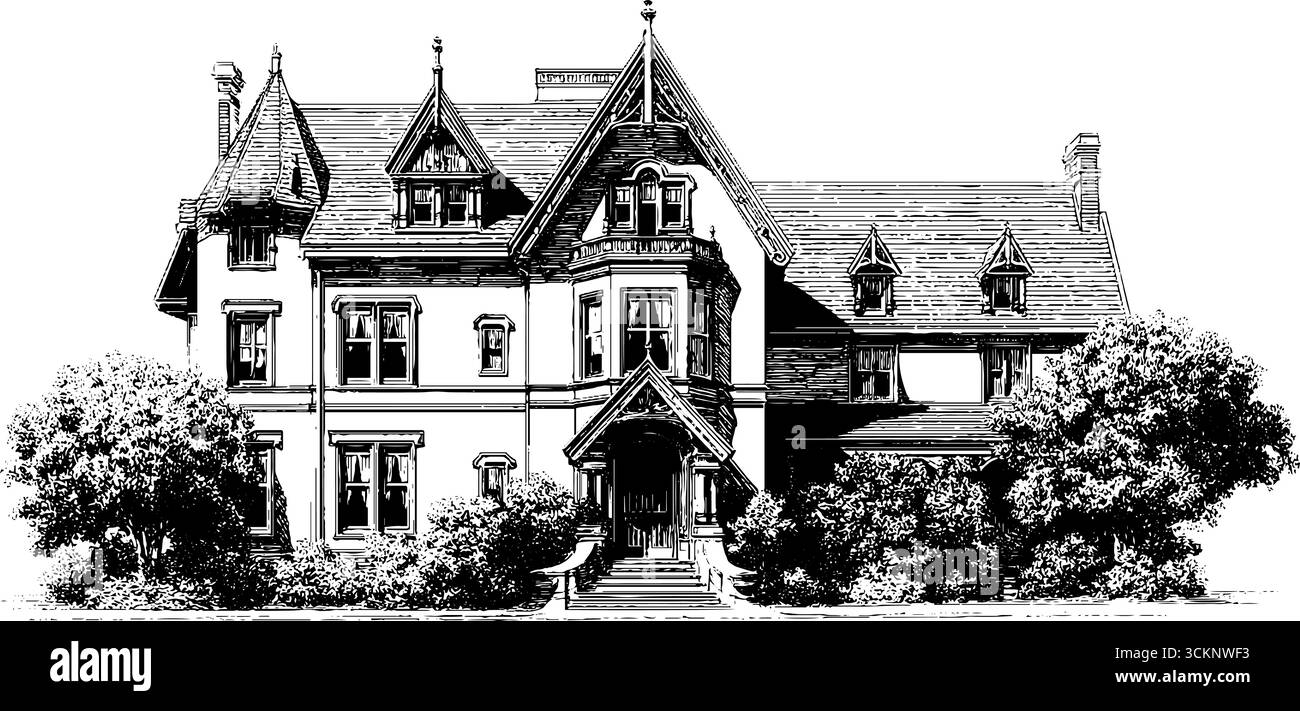 Dettagliata illustrazione incisa dell'architettura vittoriana con dettagli ornati e design intricato. Illustrazione Vettoriale