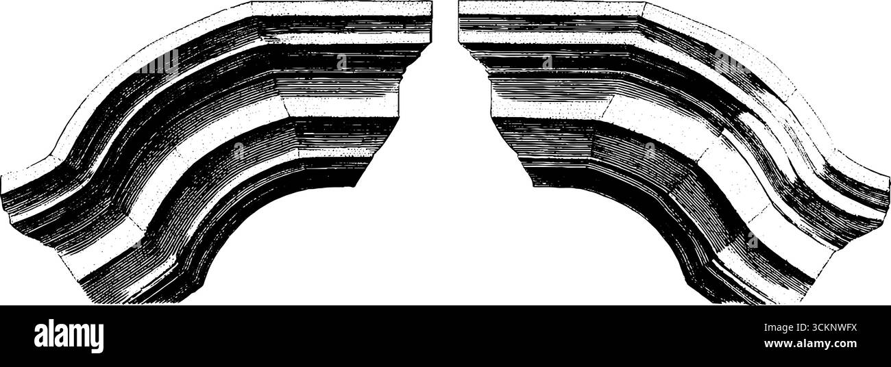 Illustrazione incisa di frammento ad arco angolare per la progettazione architettonica. Illustrazione Vettoriale