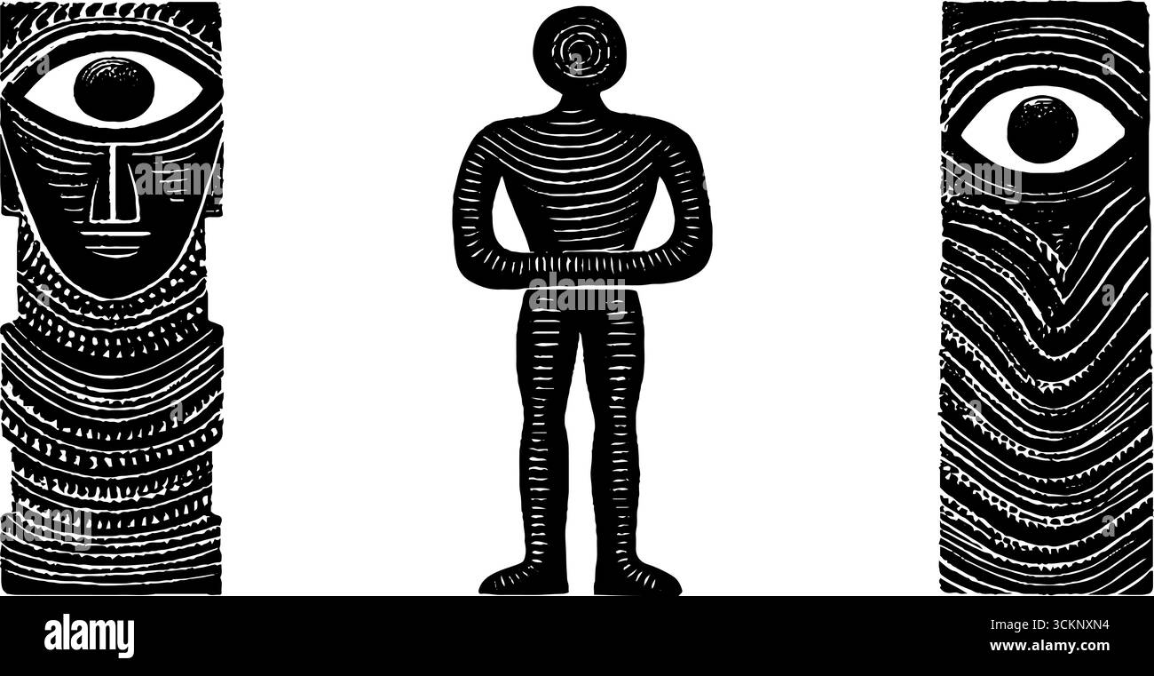 Set di incisioni in ceramica per idolo delle Cicladi con forme astratte e occhi umani. Illustrazione Vettoriale