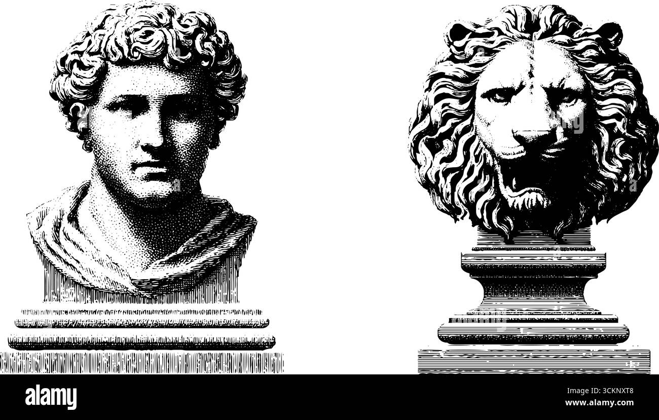 Illustrazioni di sculture classiche incise di busti del piedistallo del museo per l'arte e il design. Illustrazione Vettoriale