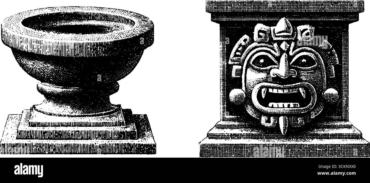 Illustrazione incisa di bruciatori di incenso maya per il design culturale e storico. Illustrazione Vettoriale