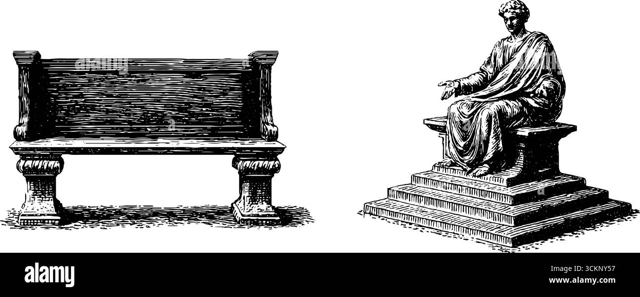 Incisioni storiche di antica panchina in pietra e scultura classica per il design educativo. Illustrazione Vettoriale