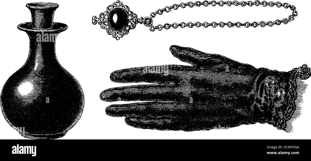 Set di articoli in lutto vittoriano: Guanto inciso, bottiglia di profumo e catena di gioielli. Illustrazione Vettoriale