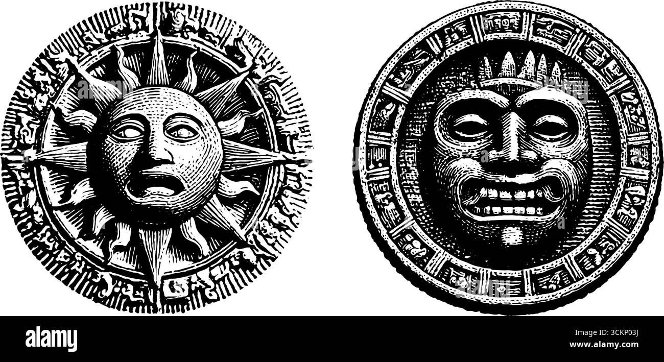 Set di opere d'arte maya incise con simboli antichi e volto solare. Illustrazione Vettoriale
