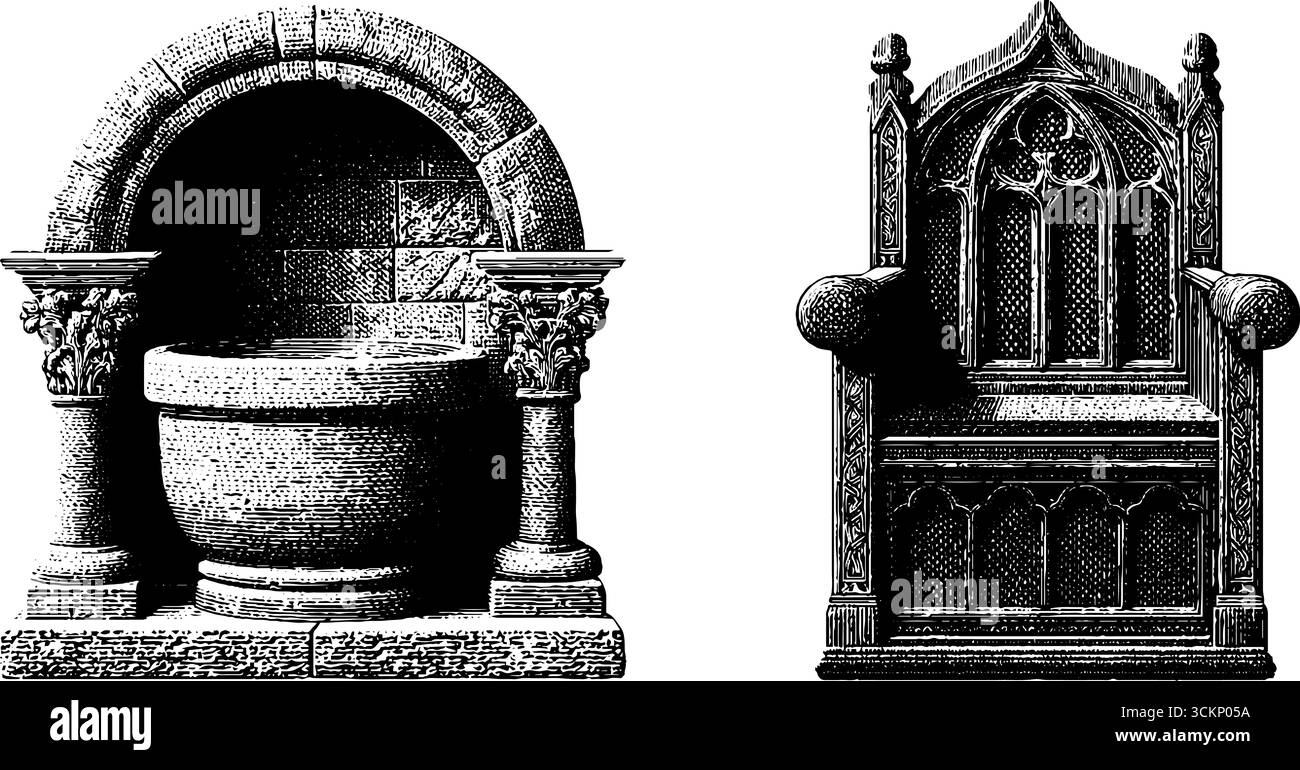 Intricate illustrazioni incise di fonte battesimale medievale e trono gotico per un design storico. Illustrazione Vettoriale