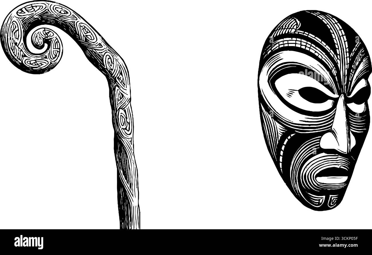 Intricati manufatti maori - bastone da passeggio scolpito e incisione a maschera per il design culturale. Illustrazione Vettoriale