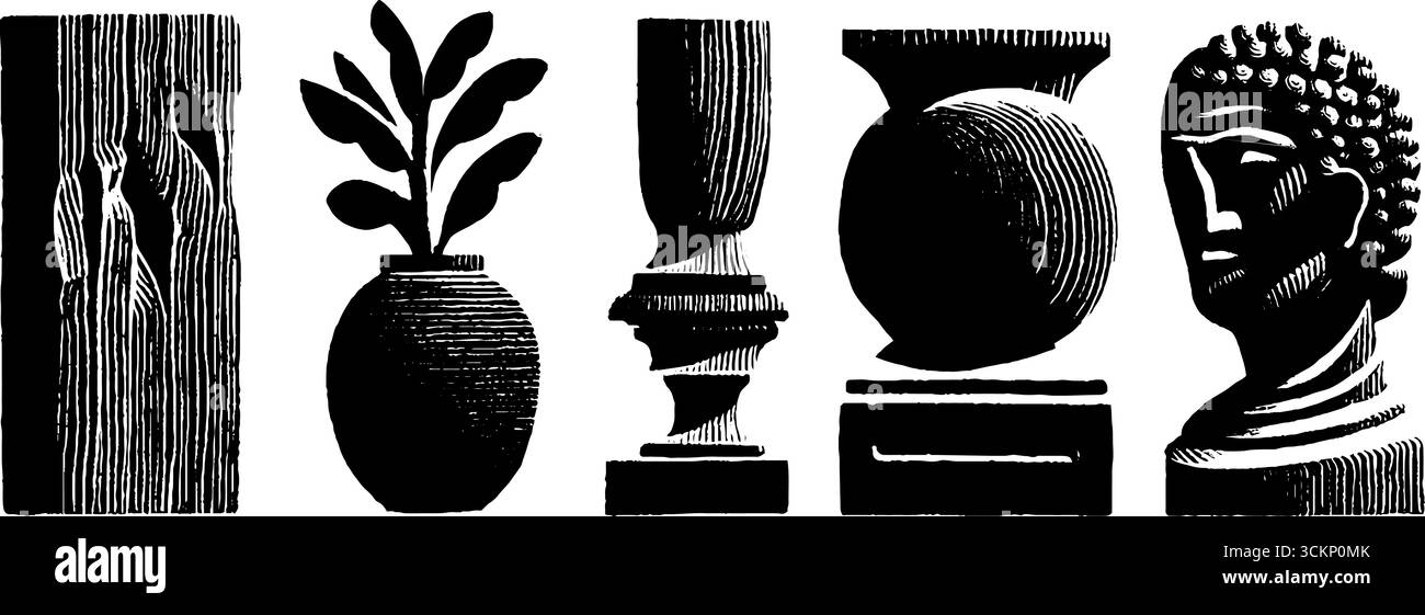 Illustrazioni in stile neo-folk di oggetti scultorei e tessuti. Illustrazione Vettoriale