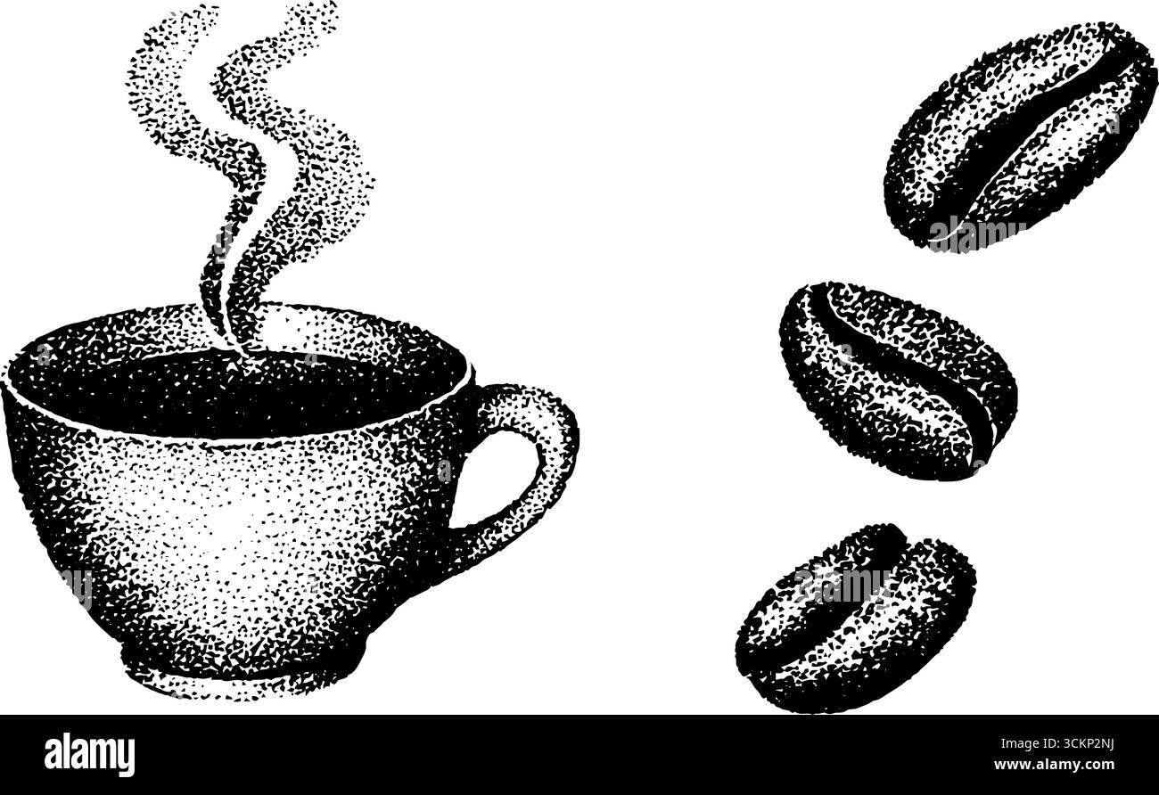 Immagine con inchiostro piccante della tazza di caffè con vapore e chicchi di caffè per un design artistico. Illustrazione Vettoriale