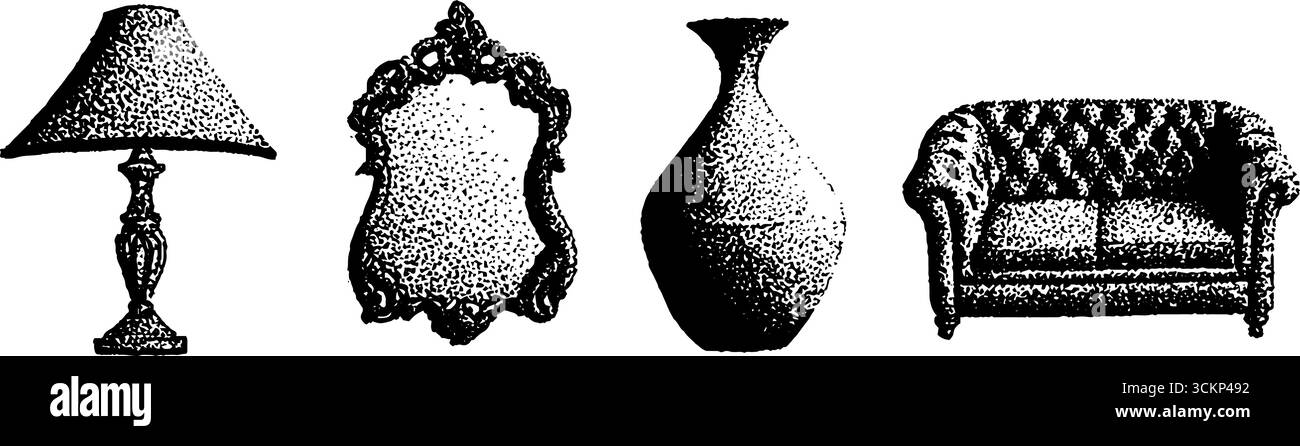 Grafica a inchiostro ultra-dettagliata di articoli d'arredo vintage per progetti artistici. Illustrazione Vettoriale