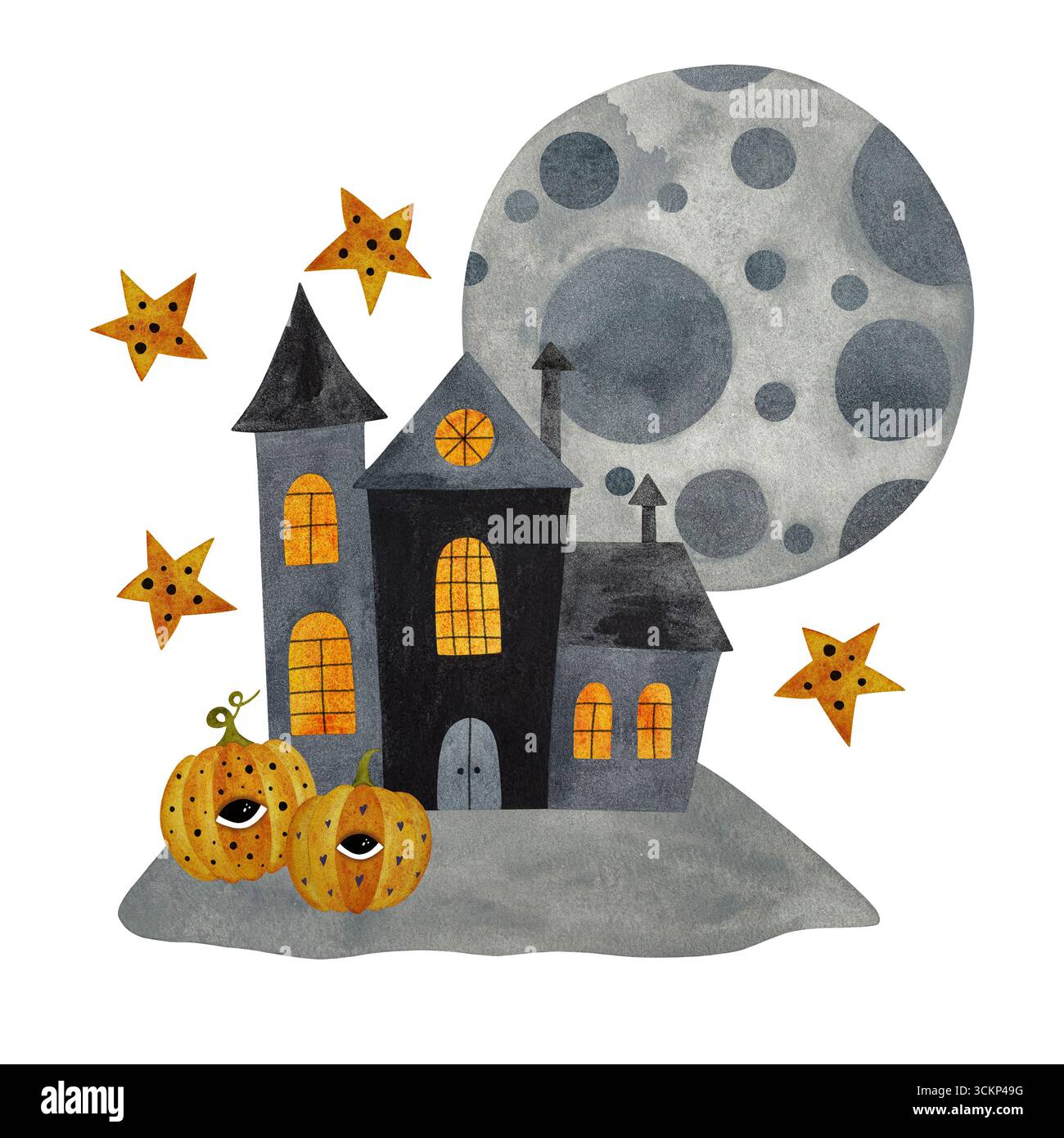 Acquerello Halloween scena spettrale. Casa infestata, luna piena, zucche con gli occhi, stelle arancioni isolate sul bianco. Perfetto per i disegni di Halloween, la festa Foto Stock