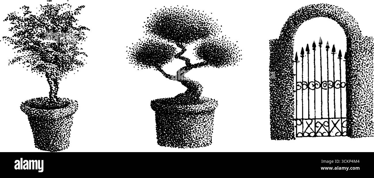 Intricato set di inchiostri: Alberi di bonsai e decorazioni con cancelli da giardino. Illustrazione Vettoriale