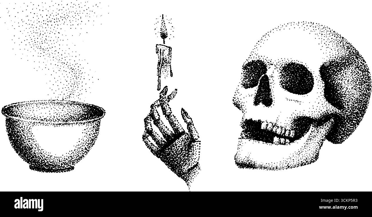 Illustrazione con inchiostro di punta del cranio, della candela e della ciotola per il design artistico. Illustrazione Vettoriale