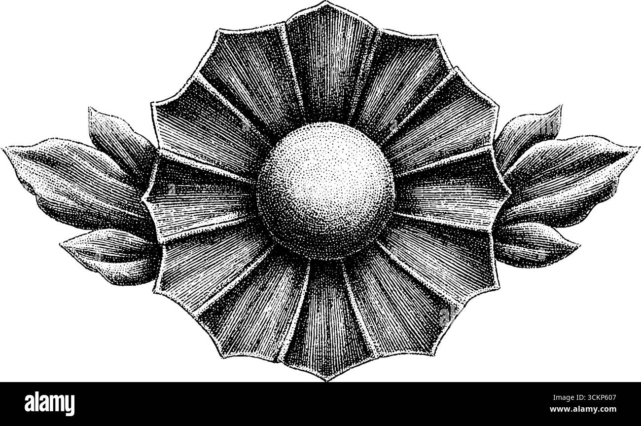 Intricato mandala circolare con petali geometrici e design a punti per l'arte decorativa. Illustrazione Vettoriale