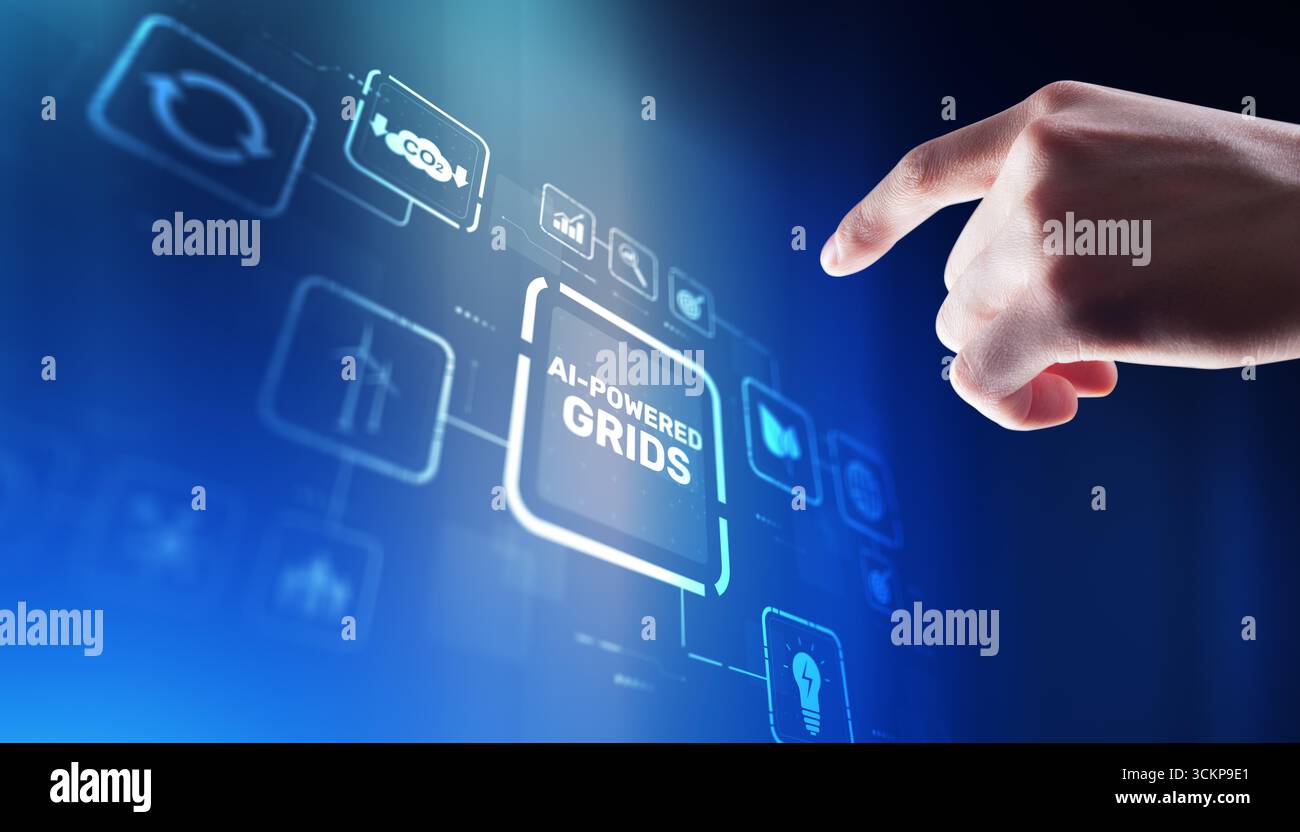 Un uomo d'affari interagisce con un'icona luminosa dell'intelligenza artificiale su un futuristico cruscotto di interfaccia digitale. Foto Stock