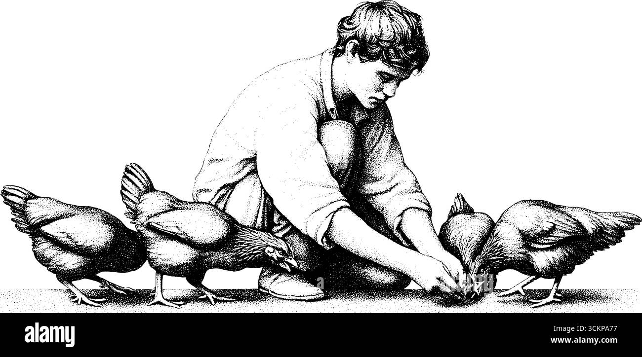 Contadino che dà da mangiare ai polli in un'illustrazione a forma di tatuaggio per un design rustico. Illustrazione Vettoriale