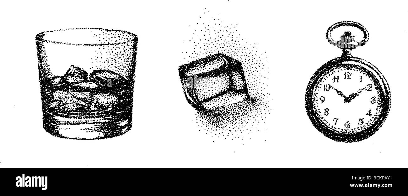Arte vintage a inchiostro con bicchiere di whisky, cubetto di ghiaccio e orologio da tasca. Illustrazione Vettoriale