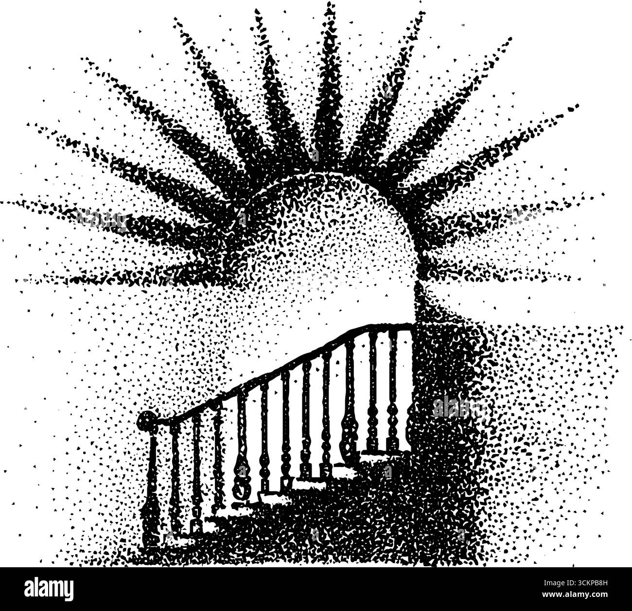 Grafica con inchiostro piccante di scale che porta a un'esplosione di sole radiosa. Illustrazione Vettoriale