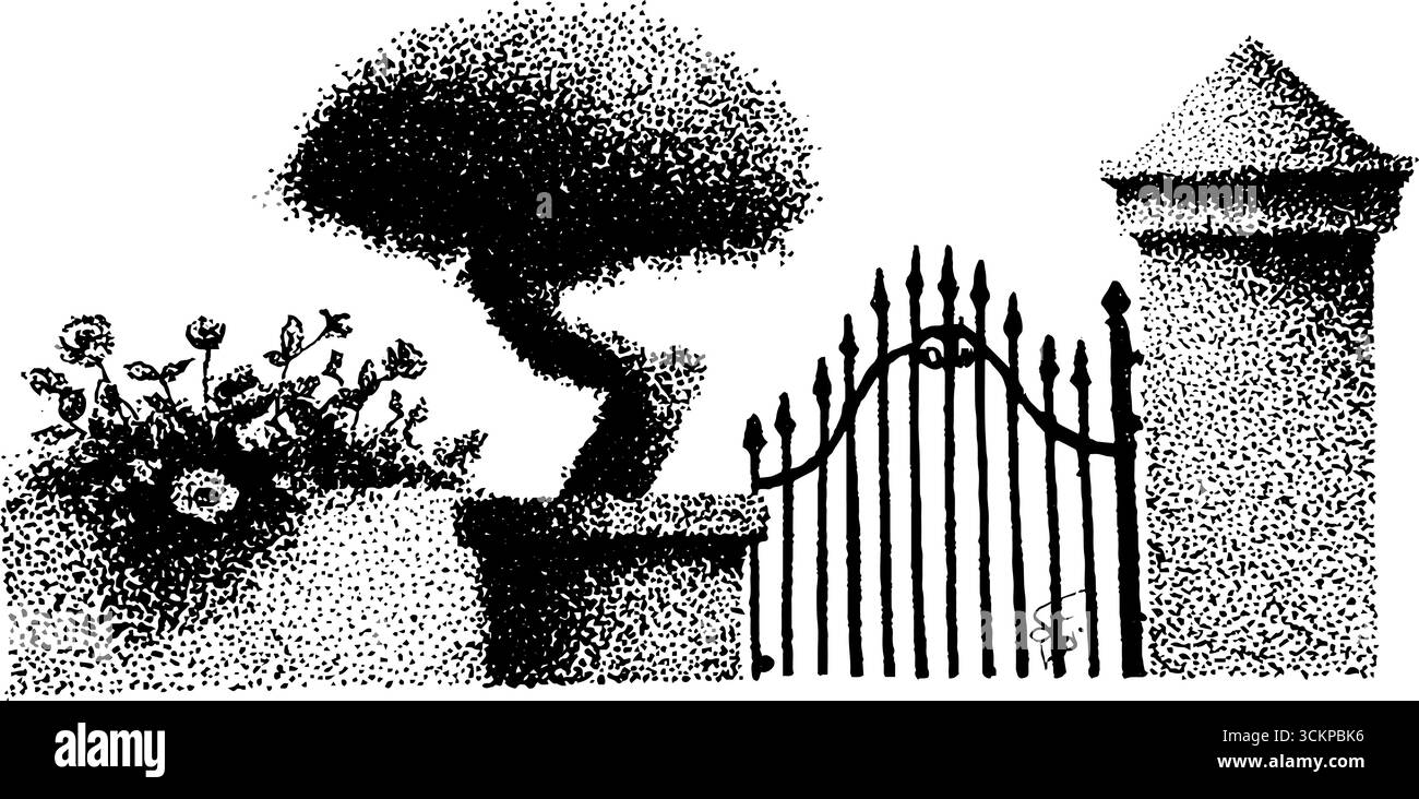 Paesaggio con inchiostro a stippling estremamente dettagliato con cancello e albero topiario. Illustrazione Vettoriale