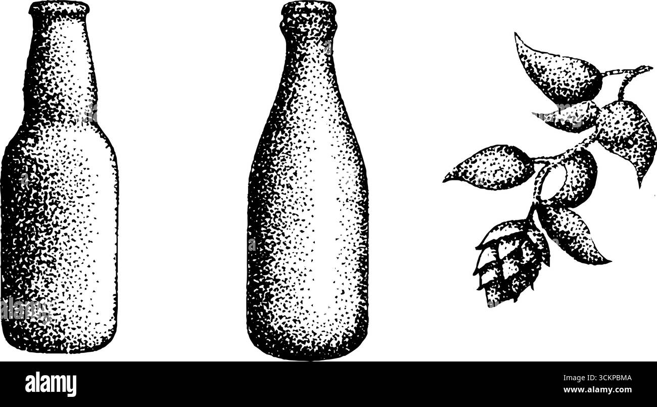 Grafica dettagliata con inchiostro stippling di bottiglie di birra e luppolo per progetti di design. Illustrazione Vettoriale