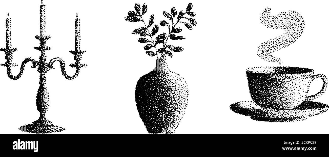 Eleganti illustrazioni a inchiostro di candelabri, vaso e tazza di caffè. Illustrazione Vettoriale