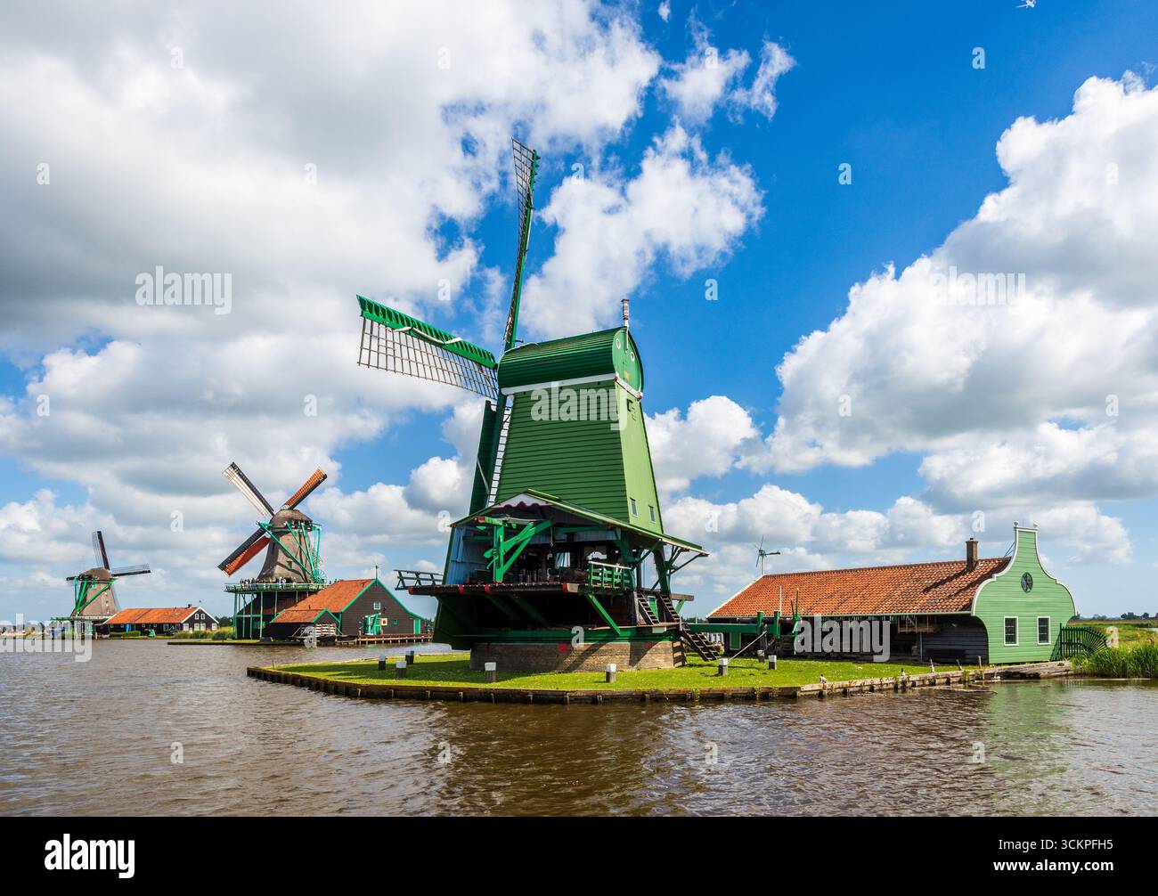 Mulini a vento Zaanse Schans con segheria a vento 'De Gekroonde Poelenburg', mulino a fumi 'De Kat' che produce pigmenti e mulino ad olio 'De Zoeker'. Foto Stock