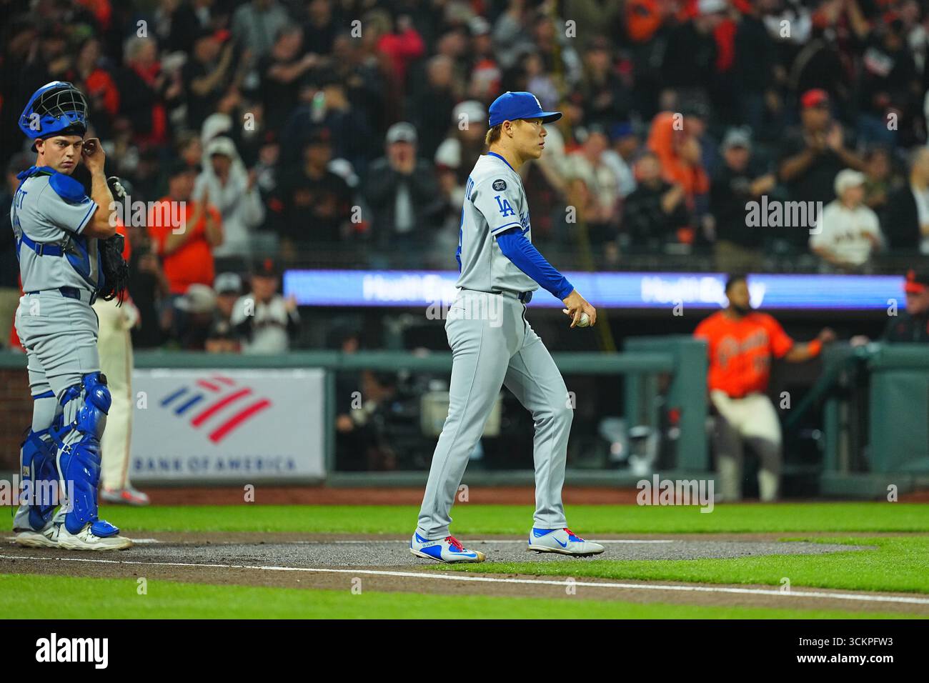 California, Stati Uniti. 12 settembre 2025. Yoshinobu Yamamoto, (Dodgers), 12 settembre 2025 - Baseball: MLB regular season game between. San Francisco Giantsand Los Angeles Dodgers all'Oracle Park in California, Stati Uniti. Crediti: Creative 2/AFLO/Alamy Live News Foto Stock