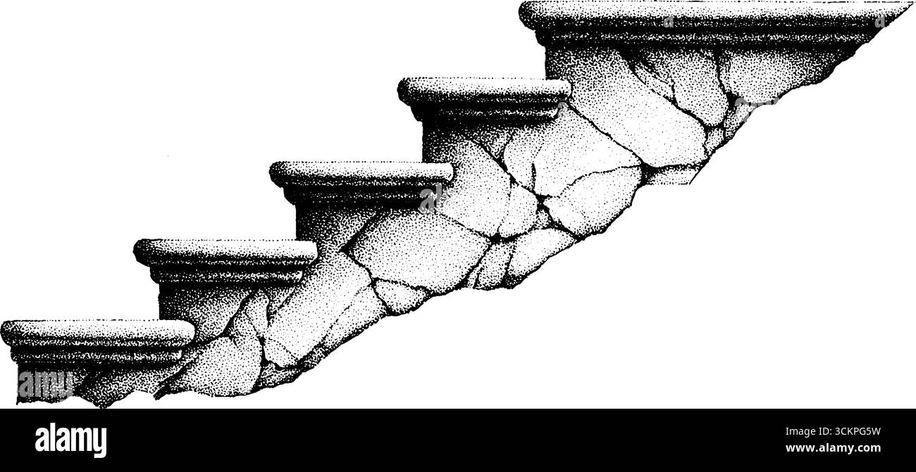 Frammento di scala in marmo vintage con gradini usurati e superficie spaccata per ispirazione architettonica. Illustrazione Vettoriale