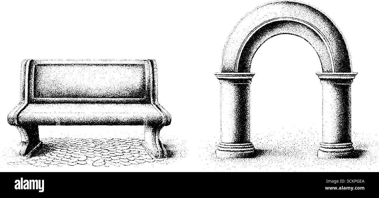 Design architettonico con panca e arco scultoreo per spazi esterni. Illustrazione Vettoriale