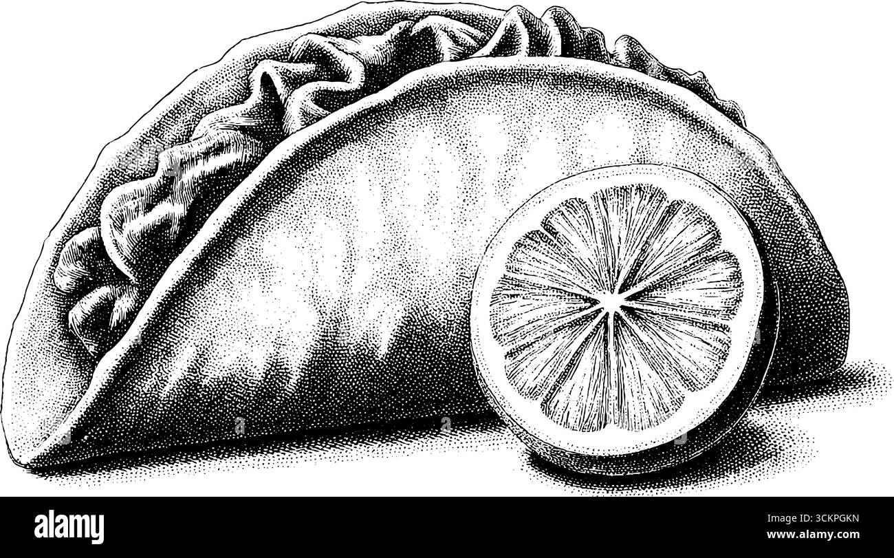Tortilla di mais alla griglia con ripieno di taco e fetta di lime, arte della cucina messicana. Illustrazione Vettoriale